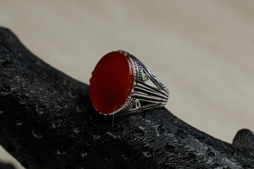 خاتم فضه بعقيق احمر H-03