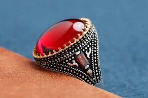 خاتم فضه بعقيق احمر J-08