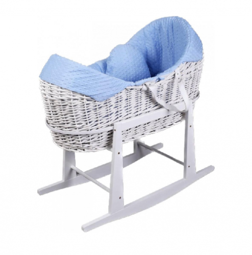 سرير سلة موسى مع قاعدة خشب هزاز ابيض لون ازرق