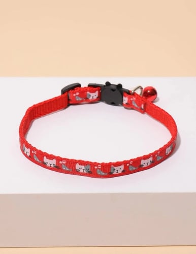 طوق عنق مع جرس وتعليقة بشكل قط للقطط والكلاب - احم...