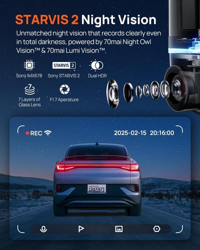 70mai X800 داش كام أمامي وخلفي 4K أومني IMX678 360...