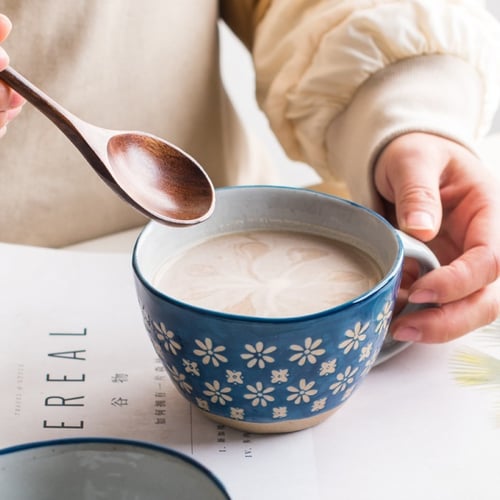 كوب سراميك 310 مل كحلي مقعر رسم يدوي