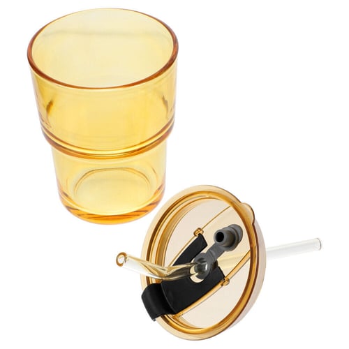 كوب زجاجي مع مزاز وغطاء محكم الإغلاق اصفر 320 مل