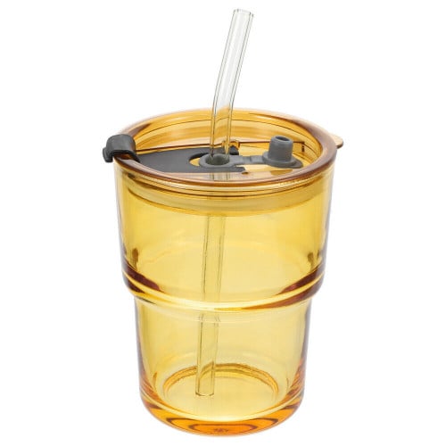 كوب زجاجي مع مزاز وغطاء محكم الإغلاق اصفر 320 مل