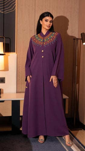 جلابية بلون بنفسجي وبأزرة ذهبي على الصدر