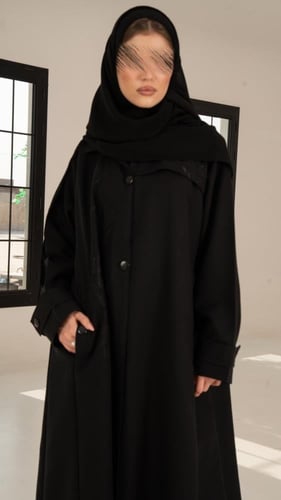 عباية بقصة بالطو مطرزة وبجيوب