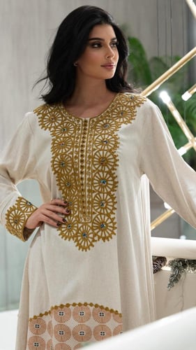 جلابية لينن مطرزة بذهبي