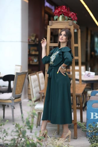 فستان سهرة زيتي مطرز ميد