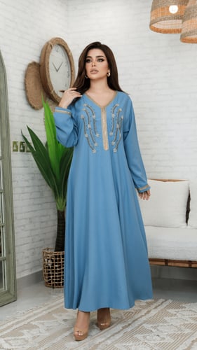 جلابية بلون سماوي مطرزه بذهبي