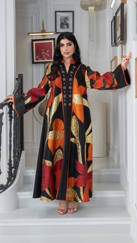جلابية سوداء بتدرجات البرتقالي والذهبي