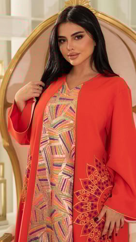 جلابية بلون برتقالي مطرزة مع شك