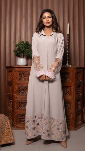 جلابية باكمام مطرزة ومزينه بالريش