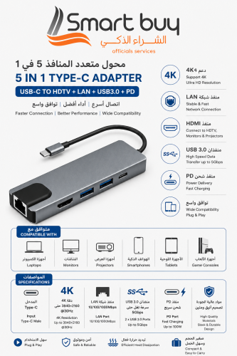 محول Type-C متعدد المنافذ 5 في 1 – HDMI + LAN + US...