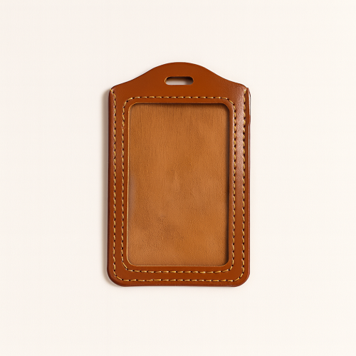 حامل بطاقة تعريف جلدي طولي بني (Vertical Leather I...