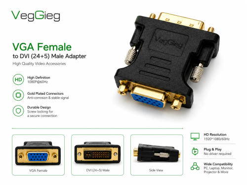 محول VegGieg V-S110 DVI 24+1 ذكر إلى VGA أنثى