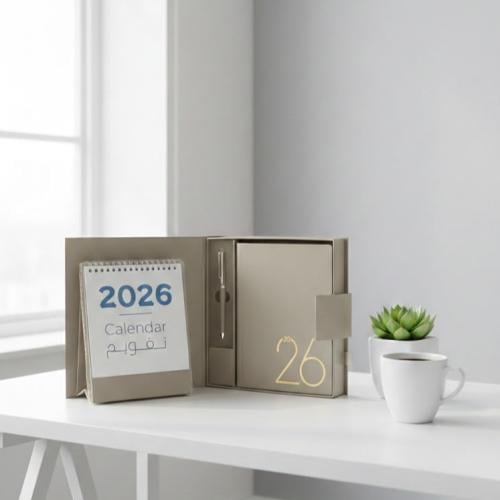 طقم مفكرة وتقويم مكتبي فاخر 2026 مع قلم — لون بيج