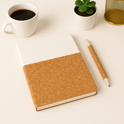 دفتر ملاحظات خشب وأبيض مع قلم