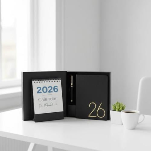 طقم مفكرة وتقويم مكتبي فاخر 2026 مع قلم — هدية أعم...