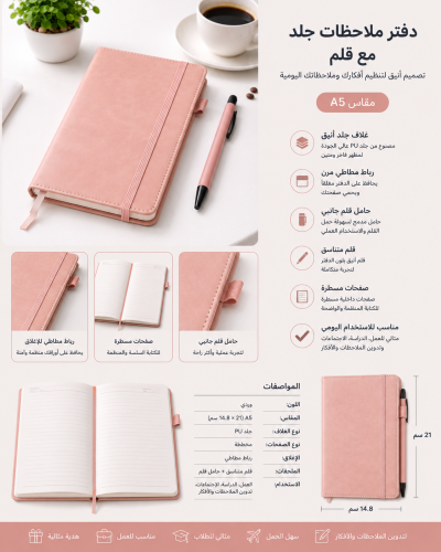 دفتر ملاحظات جلد وردي مع قلم – تصميم أنيق للاستخدا...