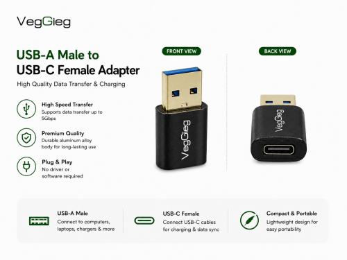 محول VegGieg USB 3.0 إلى USB Type-C OTG – أسود