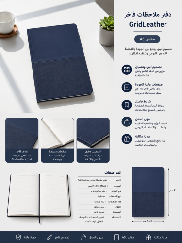 دفتر ملاحظات فاخر GridLeather أزرق كحلي – تصميم أن...