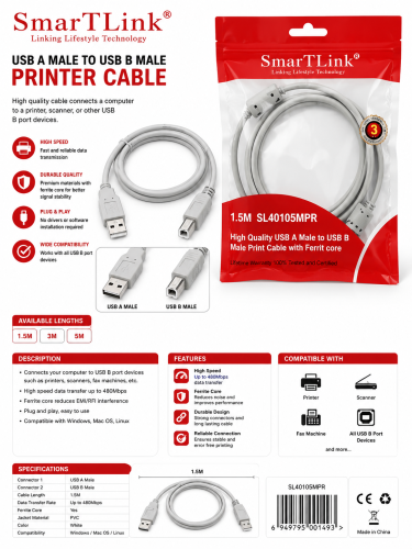 كابل طابعة SmartLink USB-A إلى USB-B بطول 1.5 متر...