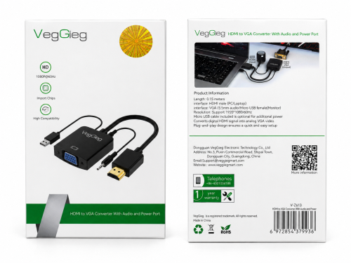 محول VegGieg V-Z613 HDMI إلى VGA مع منفذ صوت وطاقة