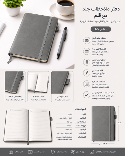 دفتر ملاحظات جلد رمادي مع قلم – تصميم أنيق للاستخد...