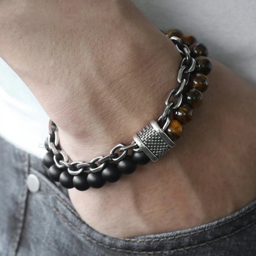 سوار رجالي ماركة خرز وستيل لون اسود و بني