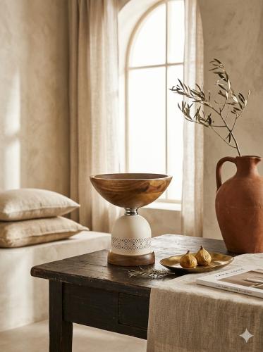 وعاء تقديم خشبي بقاعدة خزفية