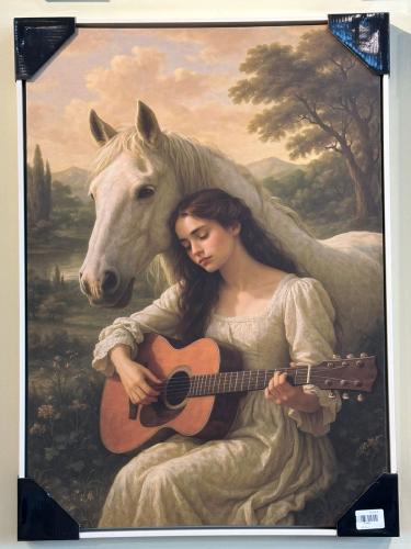 لوحة الفتاة وعزف الغيتار بجانب الحصان