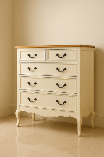 دولاب أدراج خشبي كلاسيكي بلون عاجي وسطح خشب طبيعي