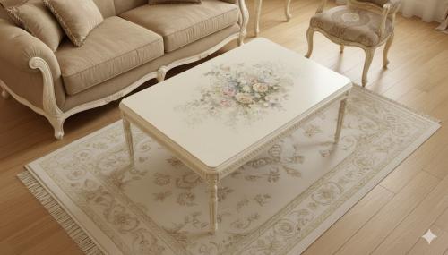 طاولة قهوة كلاسيكية برسم يدوي للزهور - لون عاجي عت...