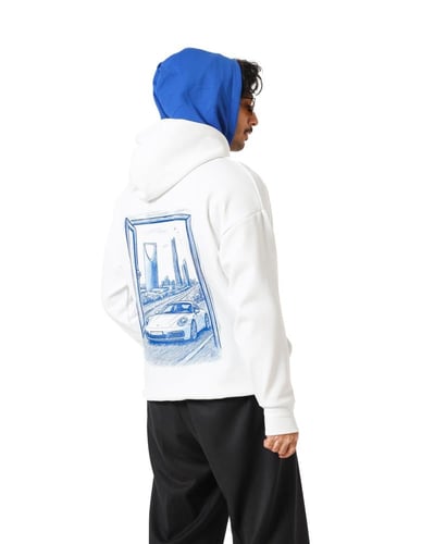 Hoodie Double cap Blue هودي ابيض ودبل كاب ازرق