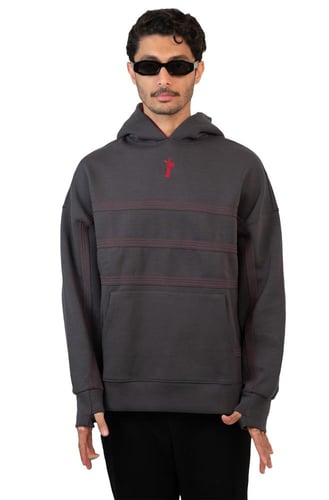Hoodie gray Double cap Burgundy | هودي رمادي دبل ك...
