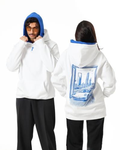 Hoodie Double cap Blue هودي ابيض ودبل كاب ازرق