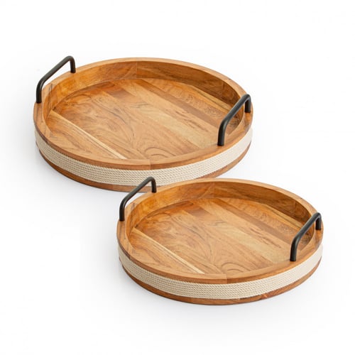 صينية خشب دائرية بحبل أبيض