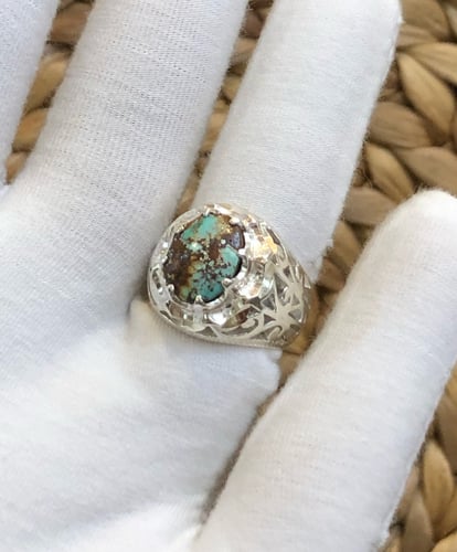 خاتم الفضة بحجر الفيروز الإيراني نشابوري أصلي صياغ...