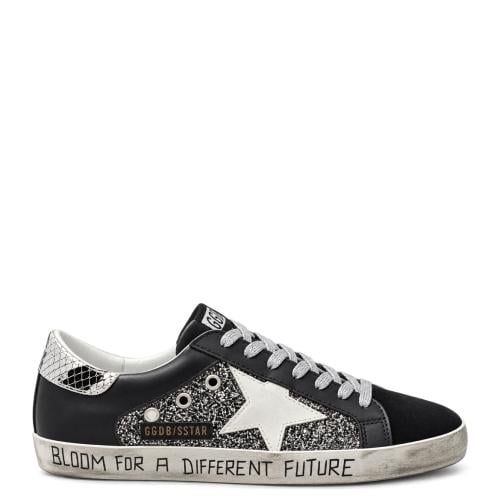 Golden Goose Super-Star Black Leather Glitter Silver Star Sneakers