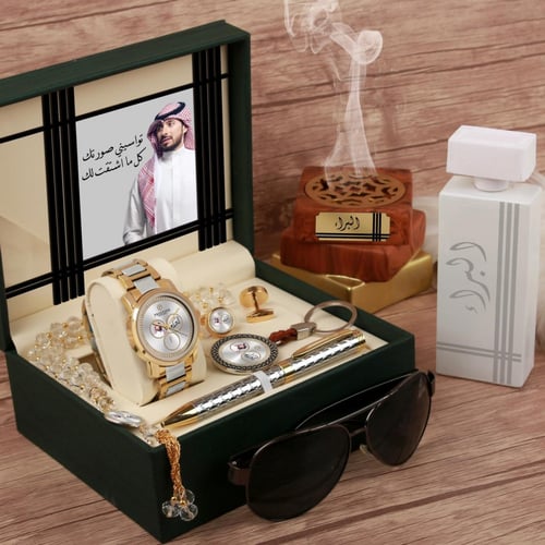 طقم هدية رجالي أنيق مع ساعة جلد وكبك ومبخرة