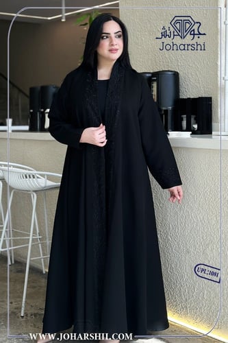 عباية كتان اسود لف مطرزة