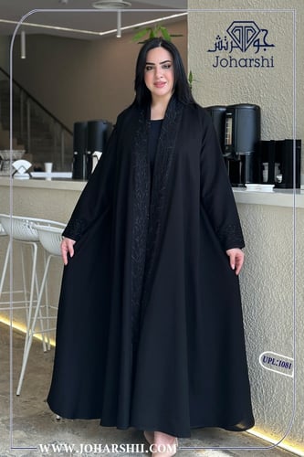 عباية كتان اسود لف مطرزة