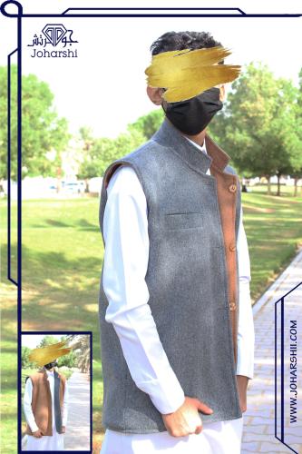 سديري رجالي شتوي جوخ دبل فيس لون بني مع رمادي - سد...