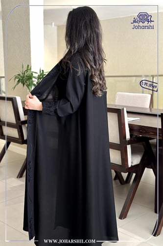 عباية دبل كلوش كتان بتطريز اهاري أسود