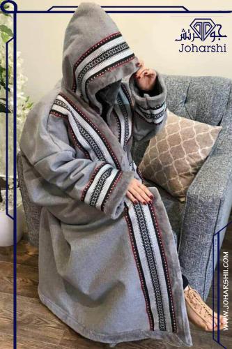 فروة نسائية شتوية مع قماش السدو العربي لون رصاصي ف...
