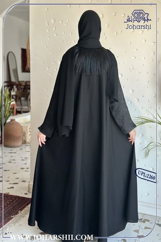 عباية كلوش اسود مع قماش مشجر - عبايتك ABATIK