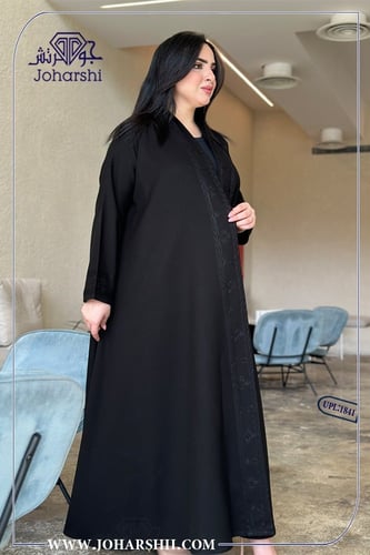 عباية تطريز اسود قماش كتان لف