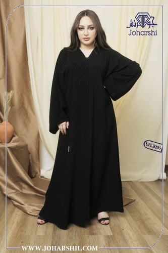 عبايه كريب مع اضافة قماش حرير مغسول - عباية سوداء...