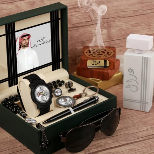 طقم هدية رجالي أنيق مع ساعة جلد وكبك ومبخرة