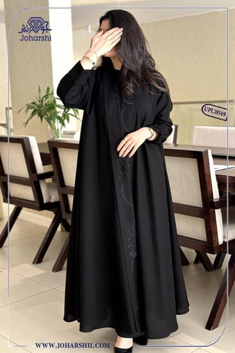 عباية دبل كلوش كتان بتطريز اهاري أسود